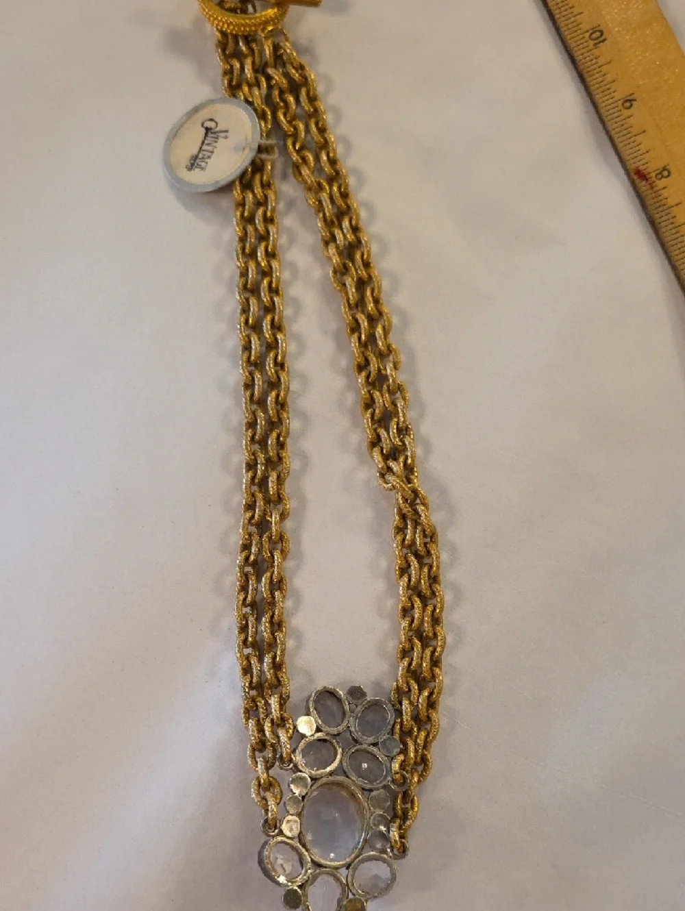 Gold-Tone Vintahe Crystal Statement Necklace - Clear Crystal Pendant - Picture 5 of 8